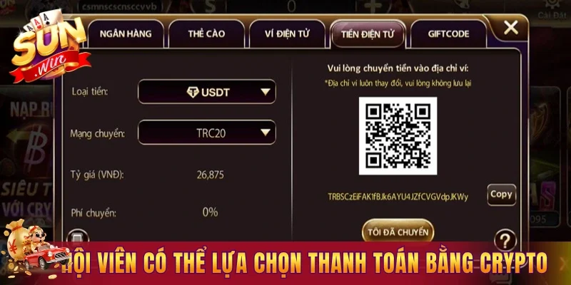 Hội viên Sunwin có thể lựa chọn thanh toán bằng Crypto