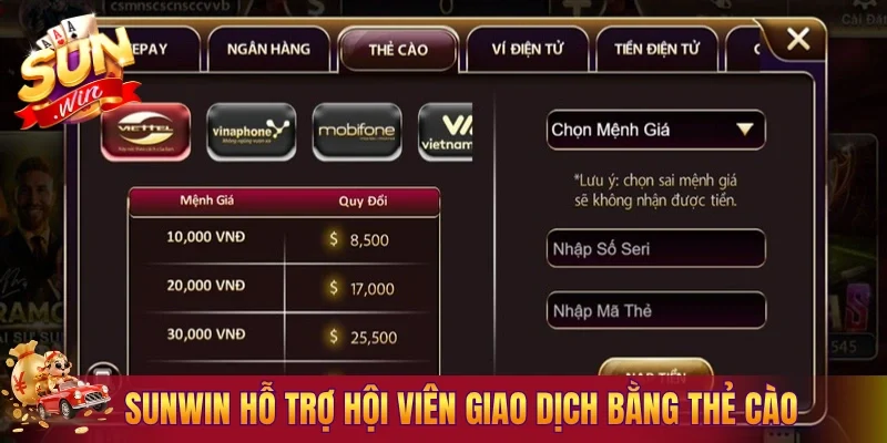 Sunwin cũng hỗ trợ hội viên giao dịch bằng thẻ cào